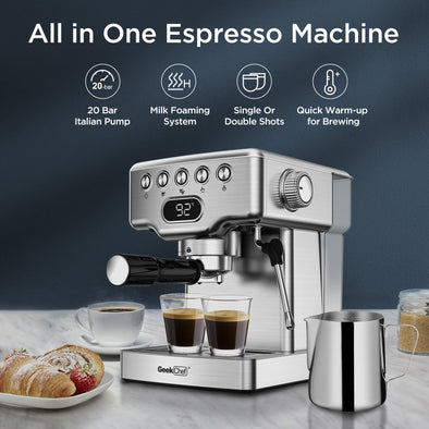 Geek Chef Espresso Machine, 20 Bar Espresso Machine With Milk Frother For Latte, Cappuccino, Macchiato, For Home Espresso Maker, 1.8L Water Tank, Stainless Steel, Ban On Amazon Eureka Online Store