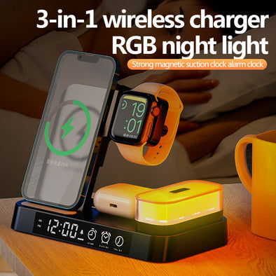 4 In 1 Multifunction Wireless Charger Station With Alarm Clock Display Foldable Wireless Charger Stand With RGB Night Light Eureka Online Store